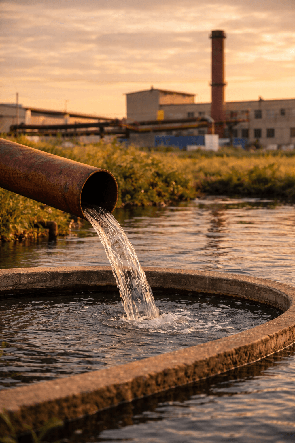 Descarga industrial al atardecer